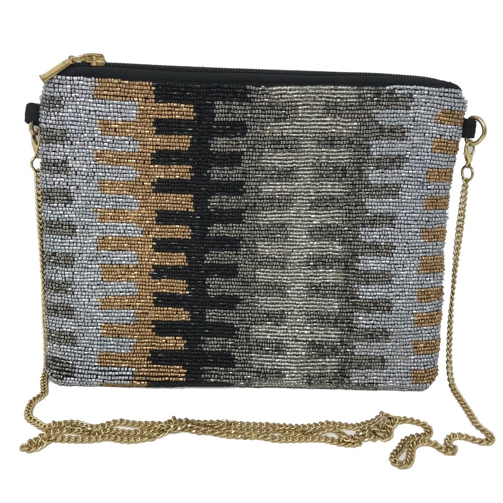 Black and Gray Abstract Pattern Beaded Evening CrossbodyHandbag with Chain Strap